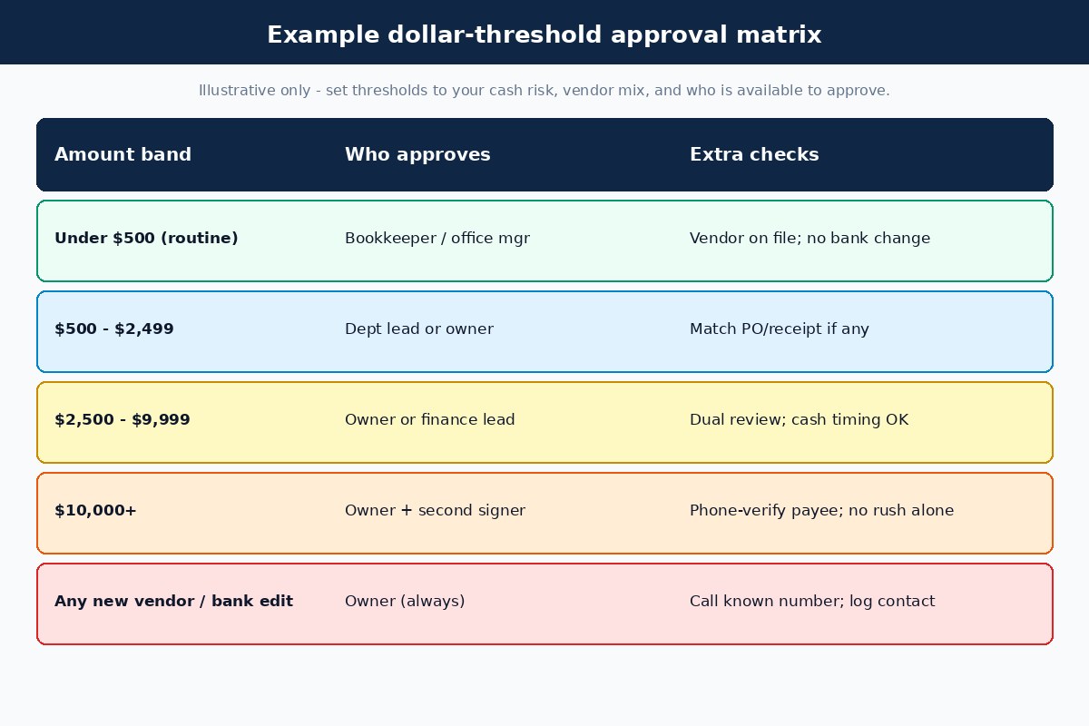 Example dollar-threshold bill approval matrix for small business AP