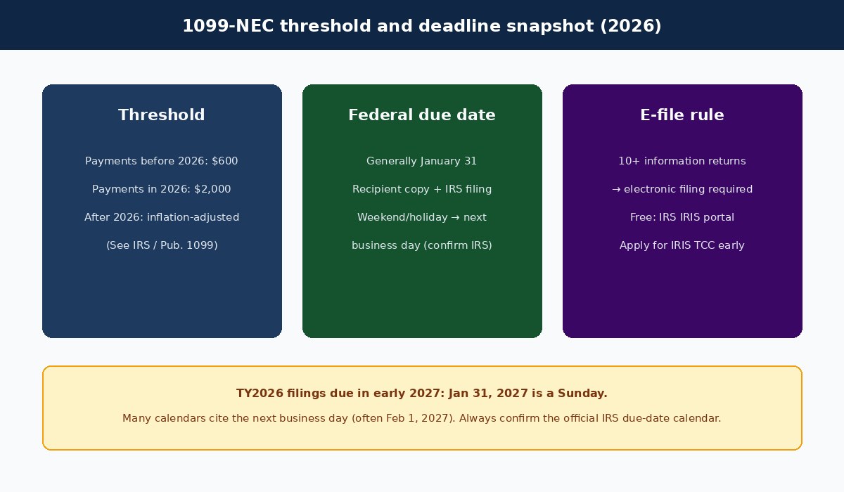 Form 1099-NEC 2026 threshold and January 31 deadline snapshot for US small businesses