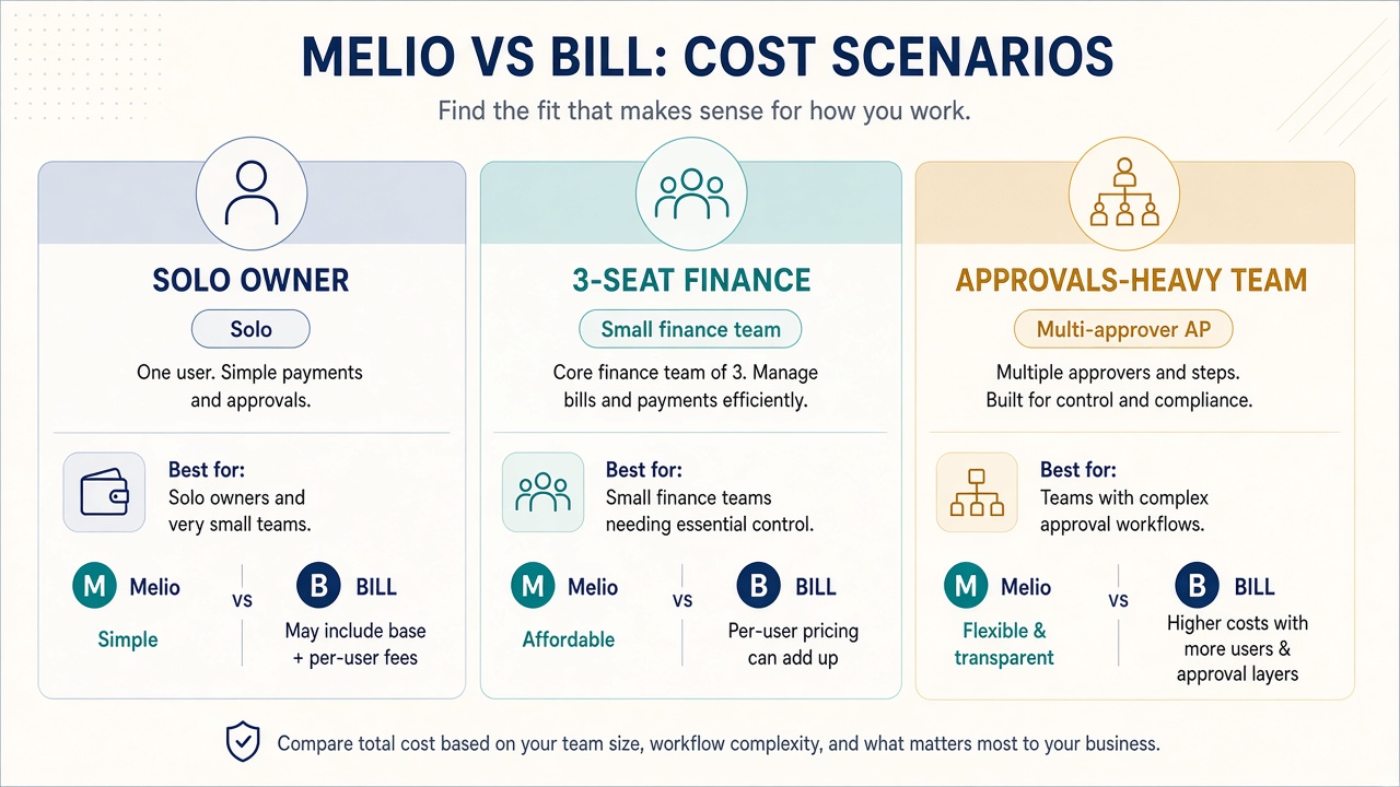 Cost scenario comparison cards for Melio vs BILL by team size
