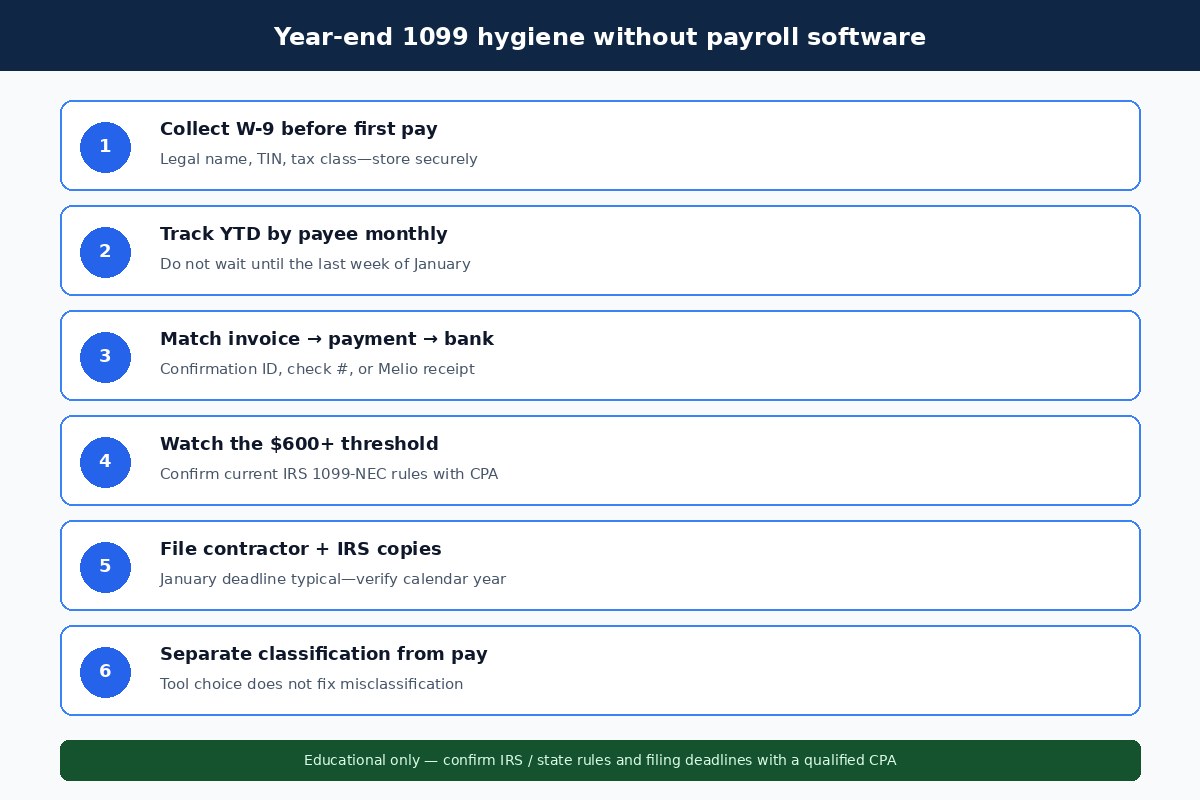 Year-end 1099 hygiene checklist for paying contractors without payroll software