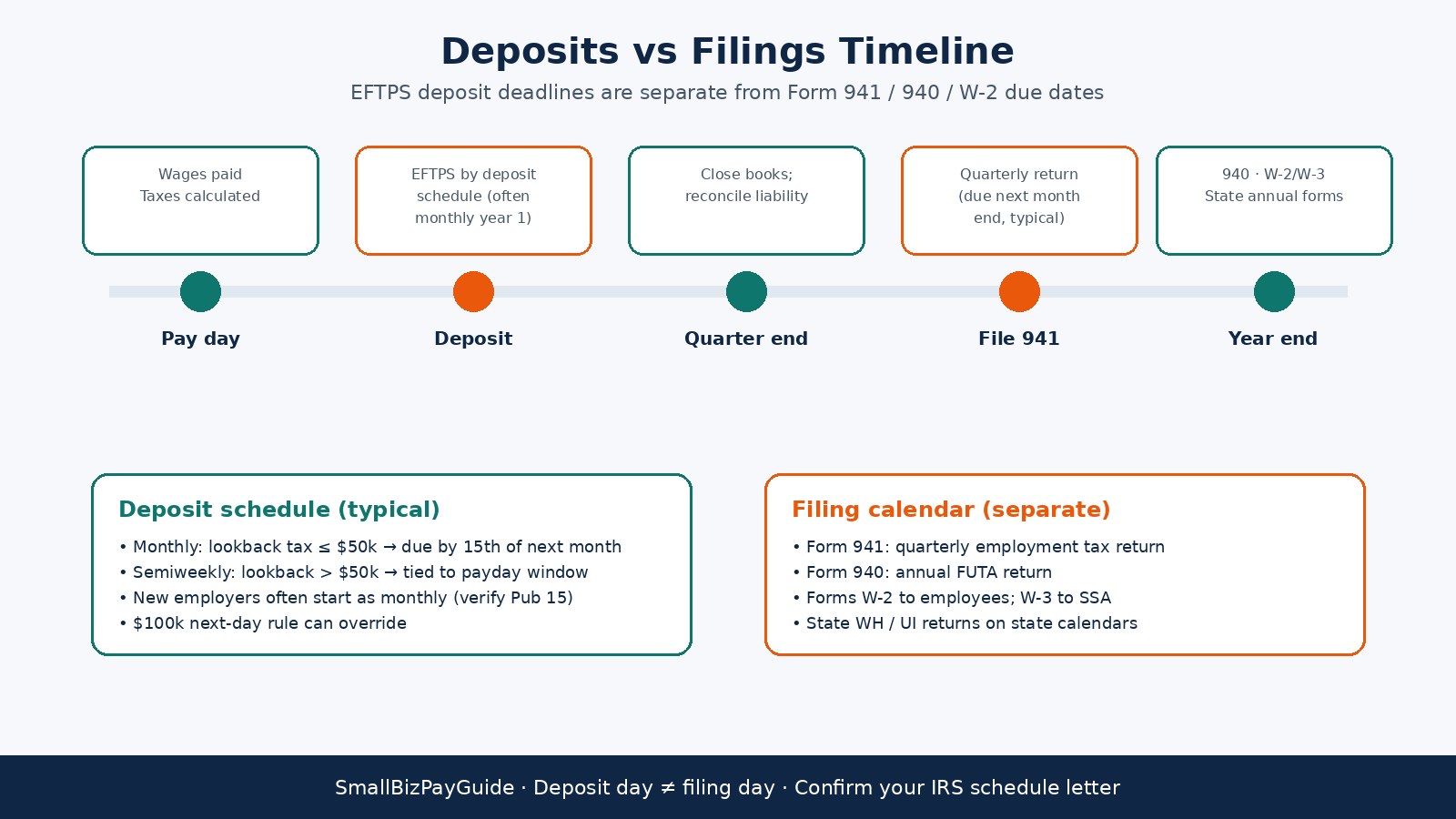 Timeline showing EFTPS deposits are separate from Form 941, 940, and W-2 filing deadlines