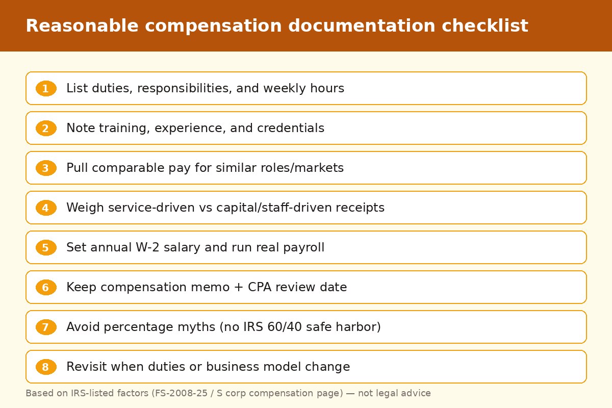 Checklist card of IRS-style factors for S corp reasonable compensation: duties, time, comparables, documentation