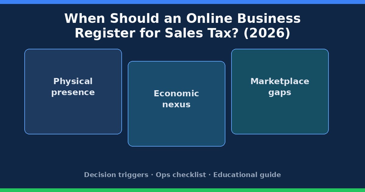 When should an online business register for sales tax: physical presence, economic nexus, marketplace gaps